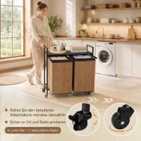 HOMCOM Wäschekorb Bambus 2 Fächer 120 L Wäschesammler mit Regal Ablage, Wäschebox Wäschesack, Rollbar 73x33x78 cm, Braun(m-6)