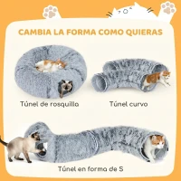 PawHut Túnel para Gatos 3 en 1 Cama Túnel para Gatos Plegable Cojín Lavable Entradas y Bola Colgante 90x80x27 cm Gris Claro(m-4)
