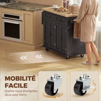 HOMCOM Îlot Central Cuisine avec Plateau en Hévéa, Desserte de Cuisine sur Roulettes avec 2 Tiroirs, 111 x 44,5 x 82,5 cm, Noir(m-7)