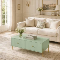 HOMCOM Modern Coffee Table, Living Room Table with Storage, 2 Drawers and Metal legs for Bedroom, Light Green(m-2)