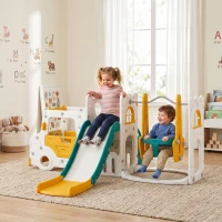 AIYAPLAY Columpio y Tobogán Parque Infantil 7 en 1 Tema de Coche Tobogán Largo Volante con Claxon Almacenaje 1-4 Años Blanco(m-2)