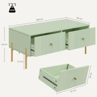 HOMCOM Modern Coffee Table, Living Room Table with Storage, 2 Drawers and Metal legs for Bedroom, Light Green(m-3)
