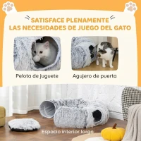 PawHut Túnel para Gatos 3 en 1 Cama Túnel para Gatos Plegable Cojín Lavable Entradas y Bola Colgante 90x80x27 cm Gris Claro(m-6)