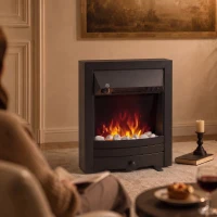 HOMCOM Electric Fireplace Stove Freestanding/Inset, 2000W, Electric Fire with LED Flame, Pebbles, Adjustable Thermostat, Black(m-9)
