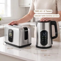 HOMCOM Waterkoker van 1,5 l, 2200 W, met led-touchscreen, 2-sleuven broodrooster met 6 bruiningsstanden, zilver(m-3)