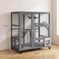 PawHut Gaiola Interior para Gatos em Madeira com Rodas, Portas, Plataformas de Salto, Rede e Topo Basculante, 110x100x60 cm, Cinzento(m-3)