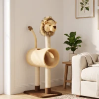 PawHut Krabpaal 104 cm, kattenboom in leeuwdesign met krabpalen, tunnel en hangende staart, voor katten tot 7 kg, lichtbruin(m-9)