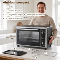 HOMCOM Mini-Four Électrique avec Broche Rotative 32L 1500W, Four à Convection Multifonction, Chaleur Tournante, Minuterie, Noir(m-3)