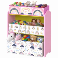 AIYAPLAY Toy Storage Organiser, 3-Tier Wooden Kids Toy Storage Rack with 6 Fabric Storage Bins for Bedroom, Kids Room, Pink(m-15)