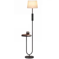 HOMCOM Modern Floor Lamp with Shelf, Dimmable Floor Lamp with Linen Shade, RF Remote and Foot Switch for Living Room, Black(m-15)