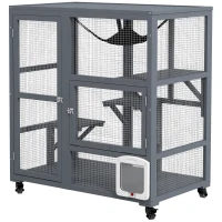 PawHut Gaiola Interior para Gatos em Madeira com Rodas, Portas, Plataformas de Salto, Rede e Topo Basculante, 110x100x60 cm, Cinzento(m-11)