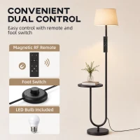 HOMCOM Modern Floor Lamp with Shelf, Dimmable Floor Lamp with Linen Shade, RF Remote and Foot Switch for Living Room, Black(m-5)