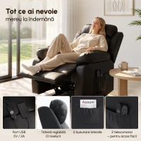HOMCOM Fotoliu Rulant Electric de Masaj cu Încălzire, Ridicare Asistată și Port USB, Piele PU, Negru(m-7)