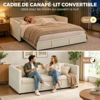 HOMCOM Cadre de lit canapé-lit 2 en 1, canapé 2 places et lit double, deux matelas compatible de 90 x 190 cm(m-4)