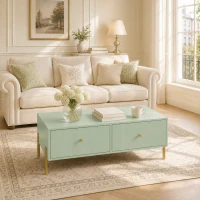 HOMCOM Modern Coffee Table, Living Room Table with Storage, 2 Drawers and Metal legs for Bedroom, Light Green(m-14)