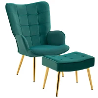 HOMCOM Modern Armchair with Footstool, Upholstered Accent Chair with Ottoman, Steel Legs, Velvet Wingback Chair for Living Room, Bedroom, Home Study, Dark Green(m-10)