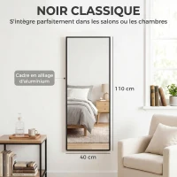 HOMCOM Miroir Mural Rectangulaire 110 x 40 cm, Crochets, Hauteurs Réglables, Verre Trempé, Cadre en Alliage d'Aluminium, Noir(m-7)
