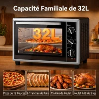 HOMCOM Mini-Four Électrique avec Broche Rotative 32L 1500W, Four à Convection Multifonction, Chaleur Tournante, Minuterie, Noir(m-5)