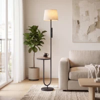 HOMCOM Modern Floor Lamp with Shelf, Dimmable Floor Lamp with Linen Shade, RF Remote and Foot Switch for Living Room, Black(m-14)