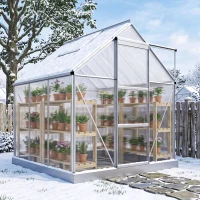 Outsunny 6 x 6ft Walk-In Greenhouse, Polycarbonate Greenhouse with Sliding Door, Window, Aluminium Frame, Foundation, Silver(m-8)