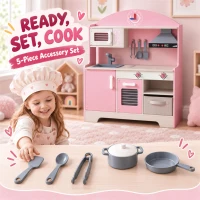 AIYAPLAY Kids Play Kitchen with Lights & Sounds, Pretend Play Toy set with Fabric Drawer, 5-Piece Accessories for 3-6 Years, Pink(m-6)