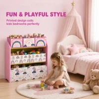 AIYAPLAY Toy Storage Organiser, 3-Tier Wooden Kids Toy Storage Rack with 6 Fabric Storage Bins for Bedroom, Kids Room, Pink(m-5)