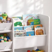 AIYAPLAY Meuble Rangement Enfant à 3 Niveaux avec 4 Porte-livres, 3 Bacs en Tissu et Compartiment, 64,5 x 30 x 66 cm, Blanc(m-10)