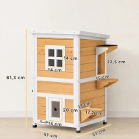 PawHut Caseta para Gatos de Madera Exterior de 2 Niveles con Techo Abatible Panel Central Extraíble 51x51x81,3 cm Natural(m-3)