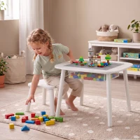 AIYAPLAY Mesa Infantil con Silla con Superficie para Bloques y Bolsa de Malla Bajo Mesa Montessori para Niños de 3-6 Años Blanco(m-8)