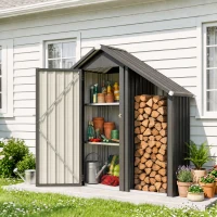Outsunny 2 in 1 Galvanised Steel Firewood Shed, Outdoor Log Storage Shed with Tool Cabinet and Firewood Rack, Dark Grey(m-14)