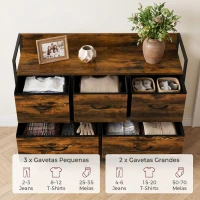 HOMCOM Cómoda de Quarto com 5 Gavetas, Cómoda em Tecido com Tampo de Madeira, Castanho e Preto(m-4)