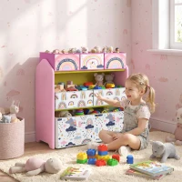 AIYAPLAY Toy Storage Organiser, 3-Tier Wooden Kids Toy Storage Rack with 6 Fabric Storage Bins for Bedroom, Kids Room, Pink(m-8)