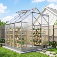Outsunny 6 x 6ft Walk-In Greenhouse, Polycarbonate Greenhouse with Sliding Door, Window, Aluminium Frame, Foundation, Silver(m-14)