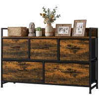 HOMCOM Cómoda de Quarto com 5 Gavetas, Cómoda em Tecido com Tampo de Madeira, Castanho e Preto(m-11)
