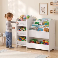 AIYAPLAY Meuble Rangement Enfant à 3 Niveaux avec 4 Porte-livres, 3 Bacs en Tissu et Compartiment, 64,5 x 30 x 66 cm, Blanc(m-16)