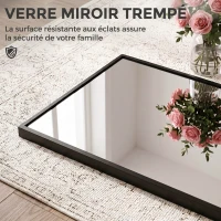 HOMCOM Miroir Mural Rectangulaire 110 x 40 cm, Crochets, Hauteurs Réglables, Verre Trempé, Cadre en Alliage d'Aluminium, Noir(m-6)