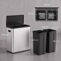 HOMCOM Automatischer Mülleimer mit Infrarot-Bewegungssensor und Mülltrennsystem Deckel 60L Silber(m-3)