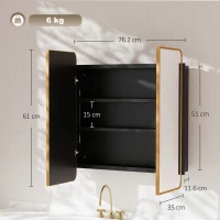 HOMCOM 76.2 x 11.6 x 61 cm Bathroom Mirror Cabinet, Wall Cabinet with Adjustable Shelves, Wall-Mounted or Recessed, Gold Tone(m-3)