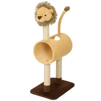 PawHut Krabpaal 104 cm, kattenboom in leeuwdesign met krabpalen, tunnel en hangende staart, voor katten tot 7 kg, lichtbruin(m-14)