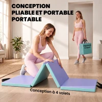SPORTNOW Tapis de gymnastique pliable portable, tapis de sport épais en 4 parties avec poignées, 180 x 60 x 5 cm, vert et violet(m-5)