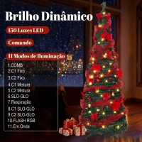 HOMCOM Árvore de Natal Artificial 180 cm com 150 Luzes LED 200 Ramos 11 Modos Bolas Fitas e Suporte Dobrável Verde e Vermelho(m-5)