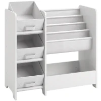 AIYAPLAY Meuble Rangement Enfant à 3 Niveaux avec 4 Porte-livres, 3 Bacs en Tissu et Compartiment, 64,5 x 30 x 66 cm, Blanc(m-1)