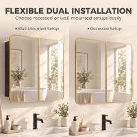 HOMCOM 76.2 x 11.6 x 61 cm Bathroom Mirror Cabinet, Wall Cabinet with Adjustable Shelves, Wall-Mounted or Recessed, Gold Tone(m-5)