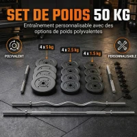 SPORTNOW Kit Haltères Musculation 50 kg 3 en 1, Poids Réglable Revêtement PP, Barre Antidérapante, Verrouillage, Noir(m-5)