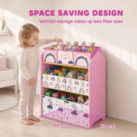 AIYAPLAY Toy Storage Organiser, 3-Tier Wooden Kids Toy Storage Rack with 6 Fabric Storage Bins for Bedroom, Kids Room, Pink(m-6)