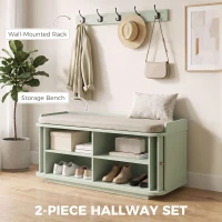 HOMCOM Hallway Storage Unit, Hallway Furniture Set with Shoe Storage Cabinet and 5 Hooks Coat Rack, Light Green(m-4)