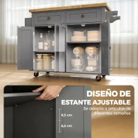 HOMCOM Isla de Cocina con Ruedas Mueble Auxiliar de Cocina con Especiero y Barra Lateral 111x44,5x82,5 cm Gris(m-5)