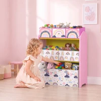 AIYAPLAY Toy Storage Organiser, 3-Tier Wooden Kids Toy Storage Rack with 6 Fabric Storage Bins for Bedroom, Kids Room, Pink(m-2)