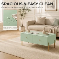 HOMCOM Modern Coffee Table, Living Room Table with Storage, 2 Drawers and Metal legs for Bedroom, Light Green(m-4)