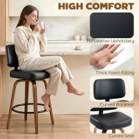 HOMCOM Bar Stools 360° Swivel Breakfast Bar Stools Padded PU Seat Footrest Set of 2 Black(m-5)